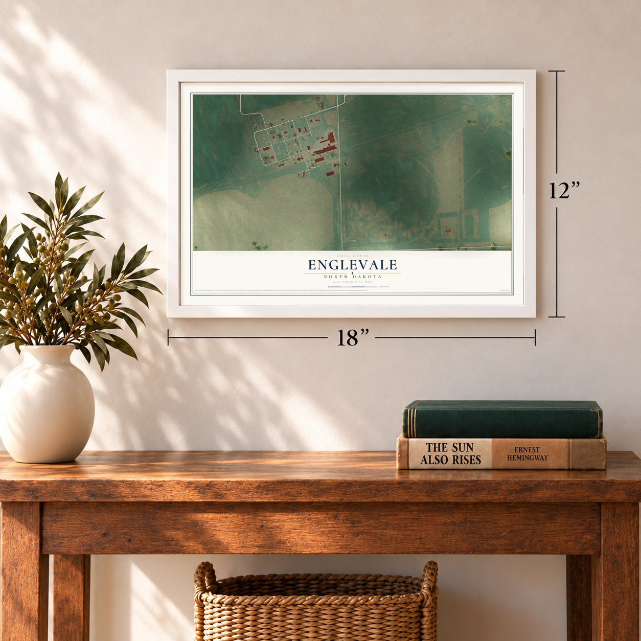 Englevale, North Dakota map, 12 x 18 inch print in a white frame in an entryway