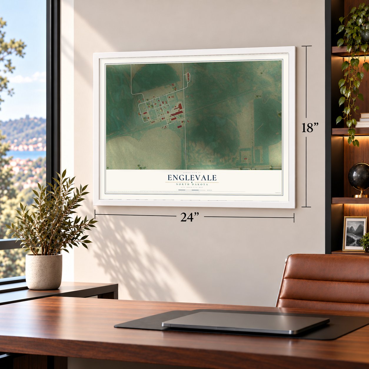 Englevale, North Dakota map, 18 x 24 inch print in a white frame in a home office