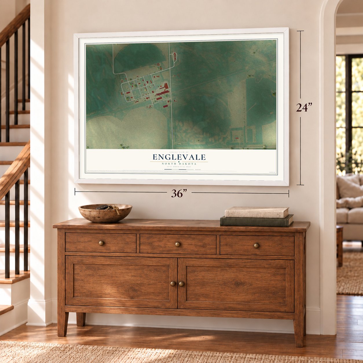 Englevale, North Dakota map, 24 x 36 inch print in a white frame above a dresser by a staircase