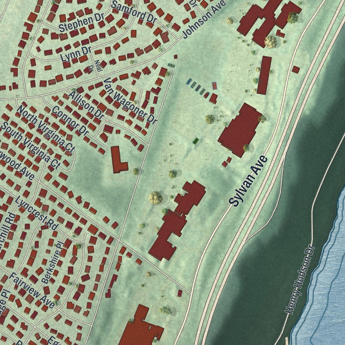 Second close-up of the map of Englewood Cliffs, New Jersey print showing more streets and buildings