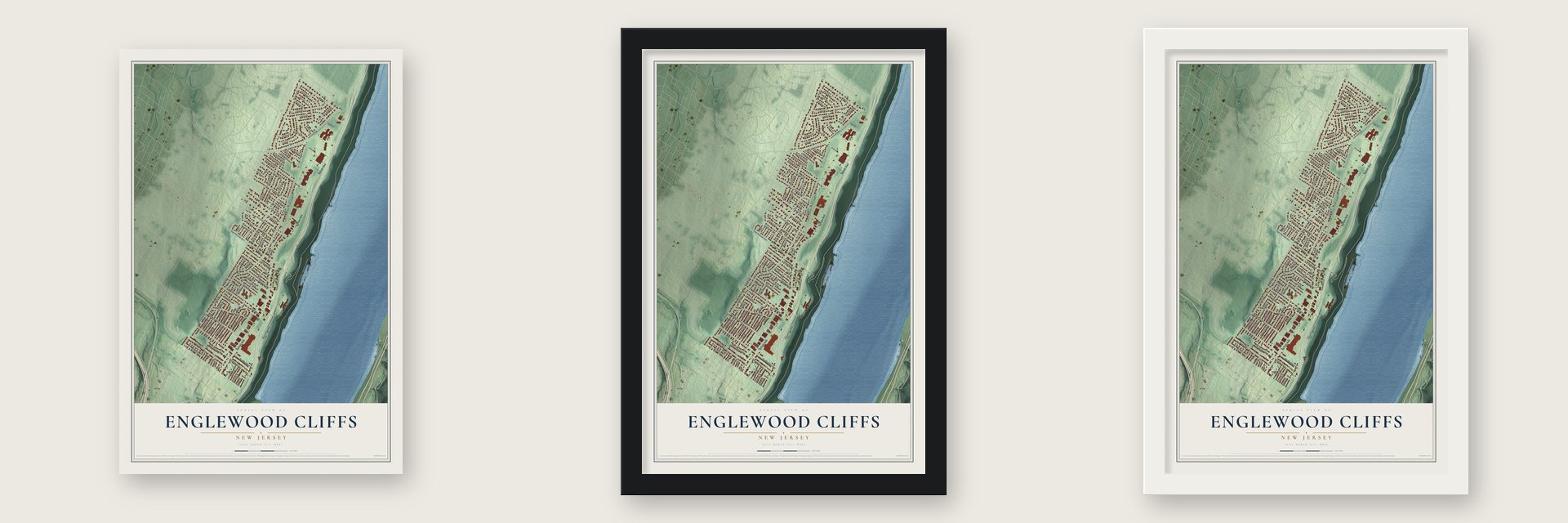 Englewood Cliffs, New Jersey map unframed, in a black wood frame and in a white wood frame