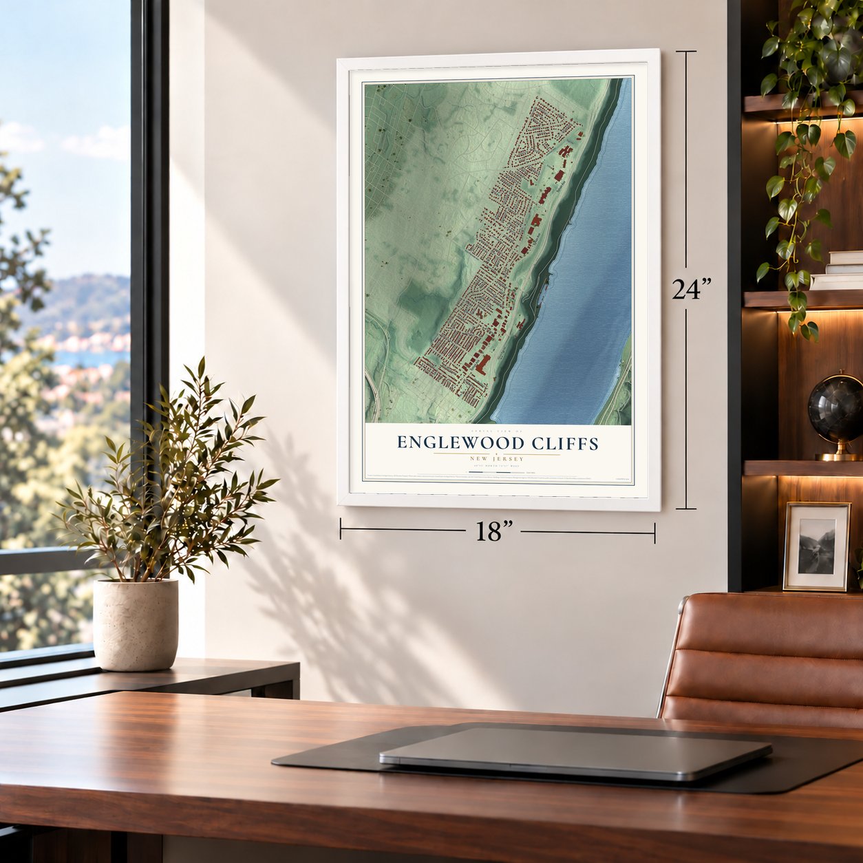Englewood Cliffs, New Jersey map, 18 x 24 inch print in a white frame in a home office