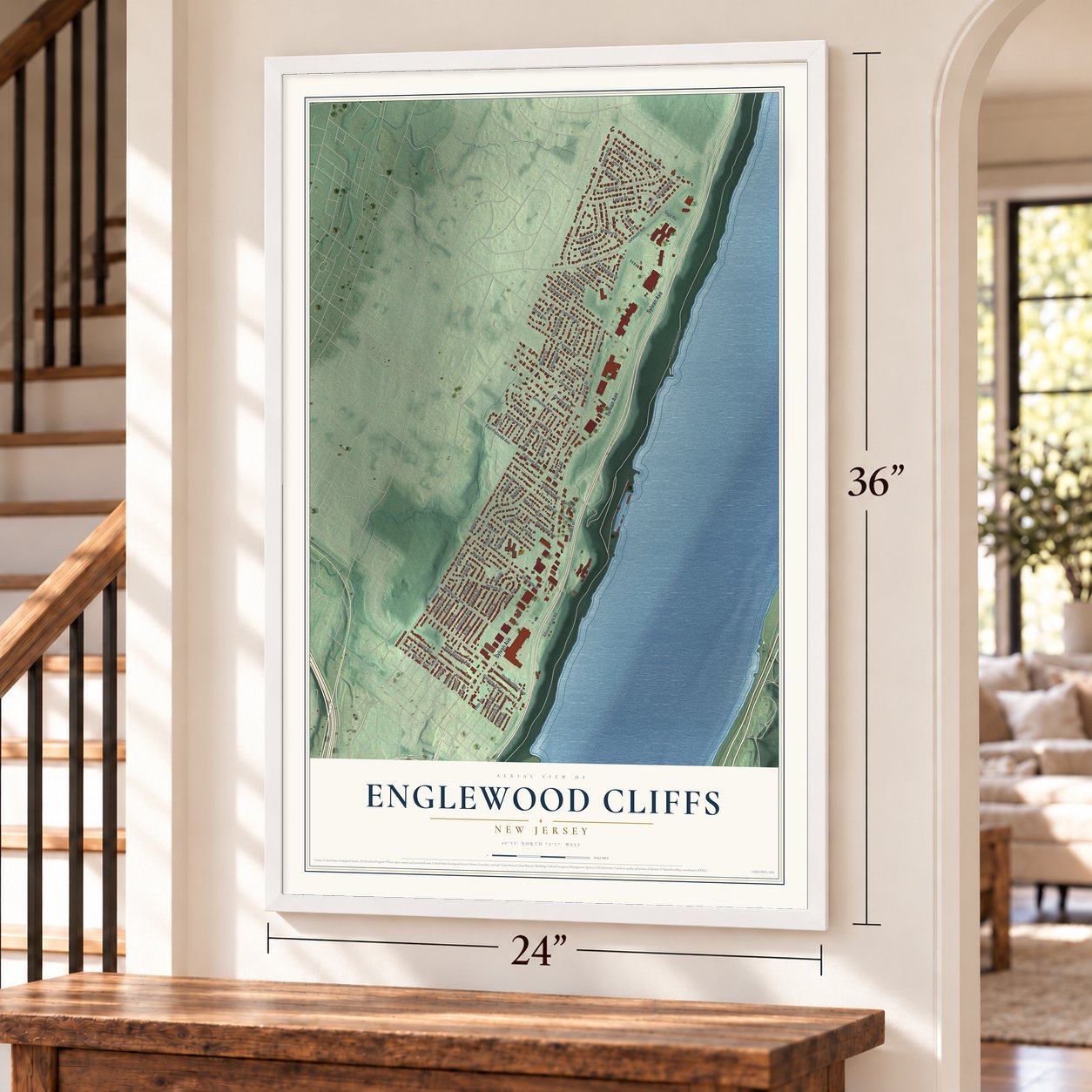 Englewood Cliffs, New Jersey map, 24 x 36 inch print in a white frame by a staircase