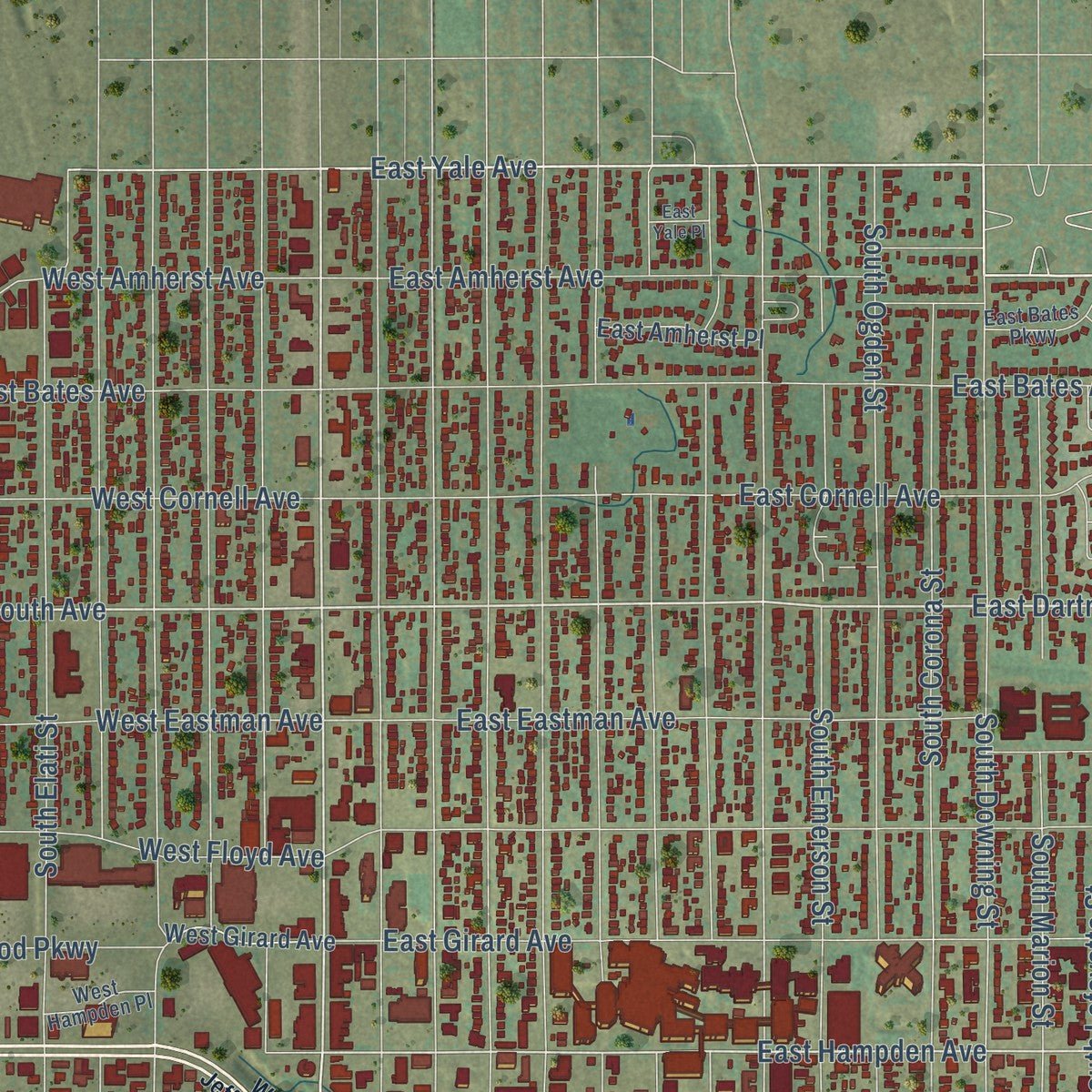 Second close-up of the map of Englewood, Colorado print showing more streets and buildings
