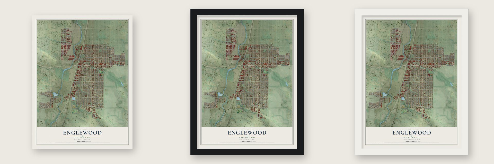Englewood, Colorado map unframed, in a black wood frame and in a white wood frame