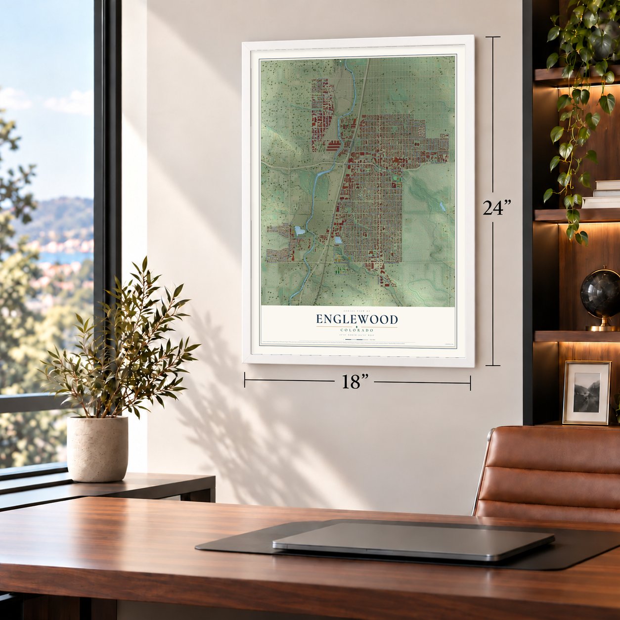 Englewood, Colorado map, 18 x 24 inch print in a white frame in a home office
