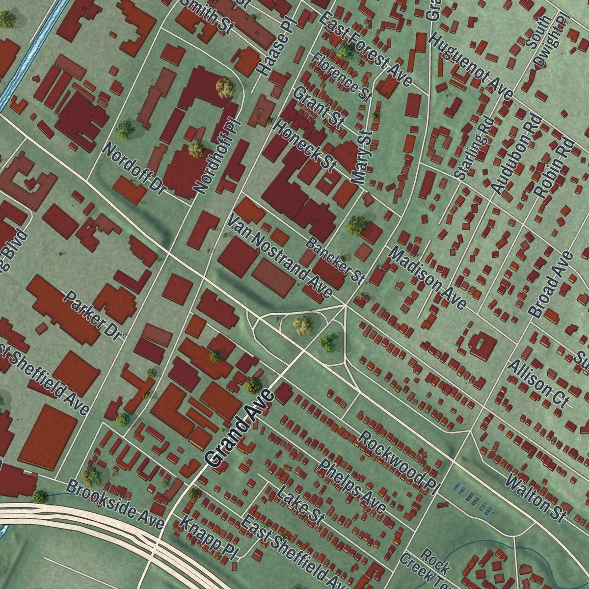 Second close-up of the map of Englewood, New Jersey print showing more streets and buildings