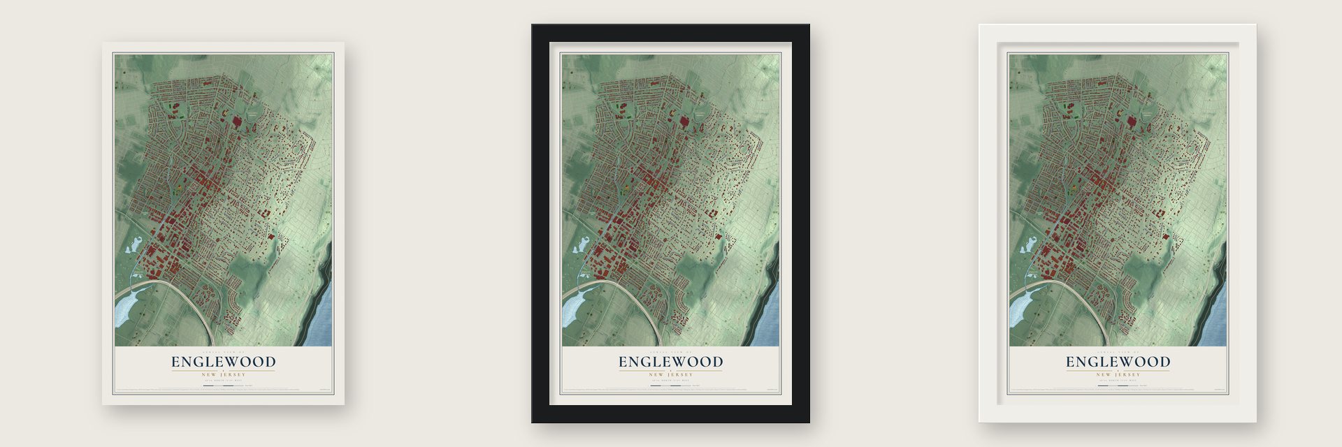 Englewood, New Jersey map unframed, in a black wood frame and in a white wood frame