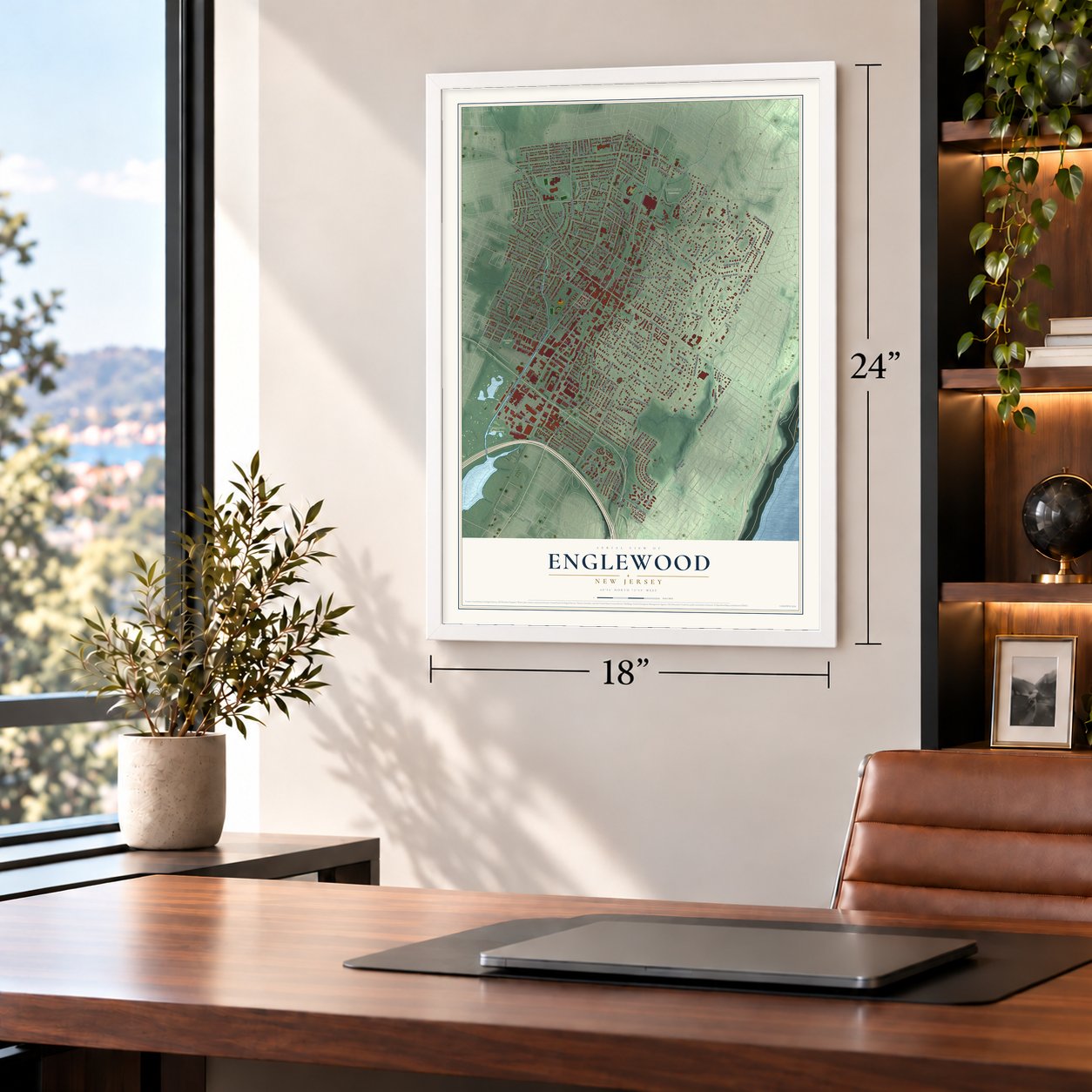 Englewood, New Jersey map, 18 x 24 inch print in a white frame in a home office