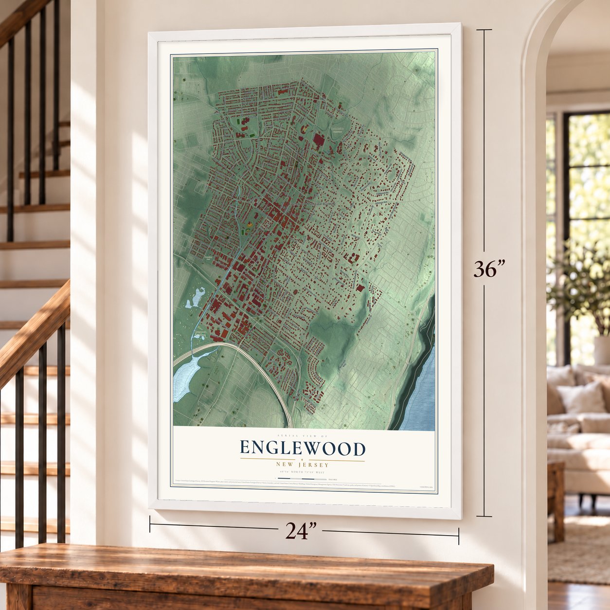 Englewood, New Jersey map, 24 x 36 inch print in a white frame by a staircase