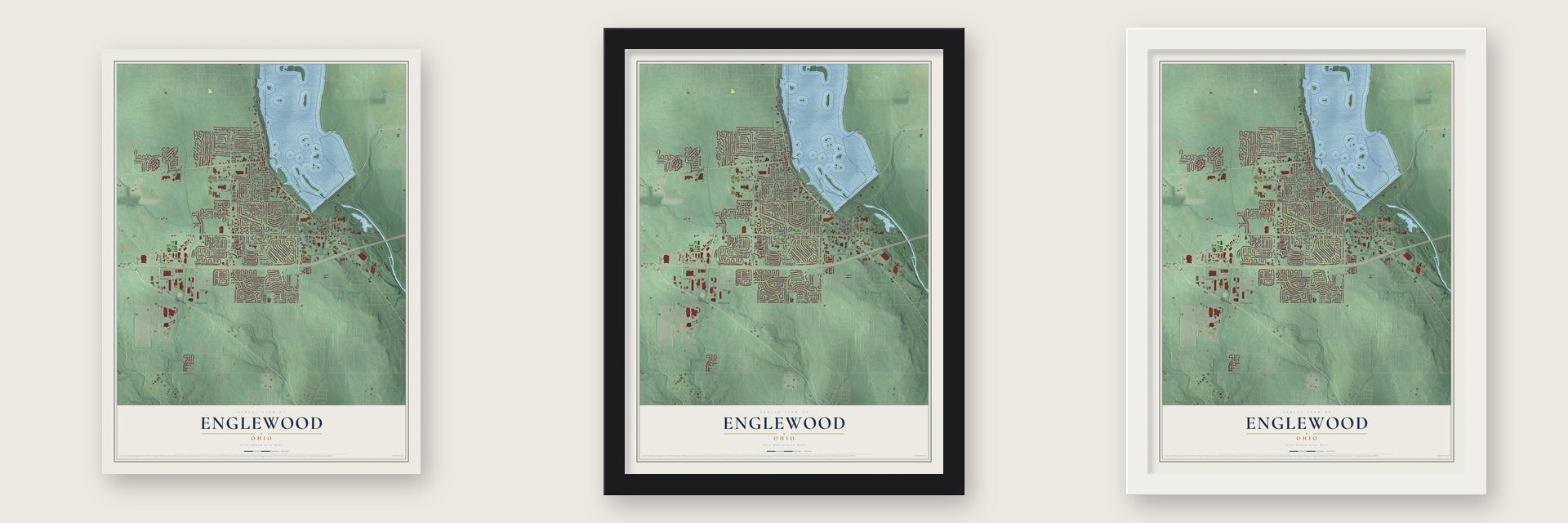 Englewood, Ohio map unframed, in a black wood frame and in a white wood frame