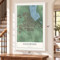 Englewood, Ohio map, 24 x 36 inch print in a white frame by a staircase