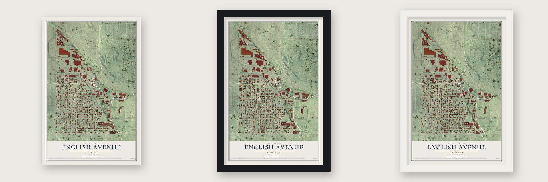 English Avenue, Georgia map unframed, in a black wood frame and in a white wood frame