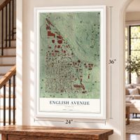 English Avenue, Georgia map, 24 x 36 inch print in a white frame by a staircase