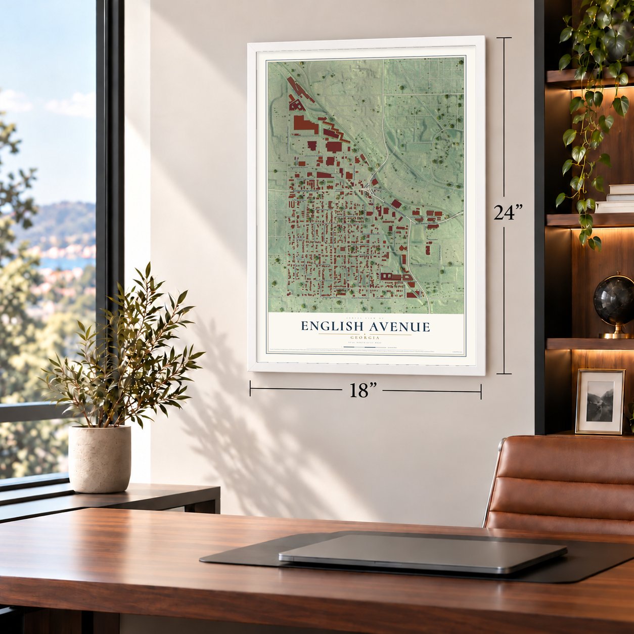 English Avenue, Georgia map, 18 x 24 inch print in a white frame in a home office