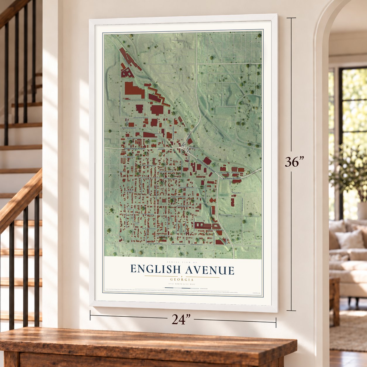 English Avenue, Georgia map, 24 x 36 inch print in a white frame by a staircase