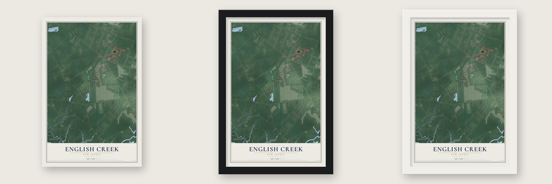 English Creek, New Jersey map unframed, in a black wood frame and in a white wood frame