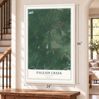 English Creek, New Jersey map, 24 x 36 inch print in a white frame by a staircase