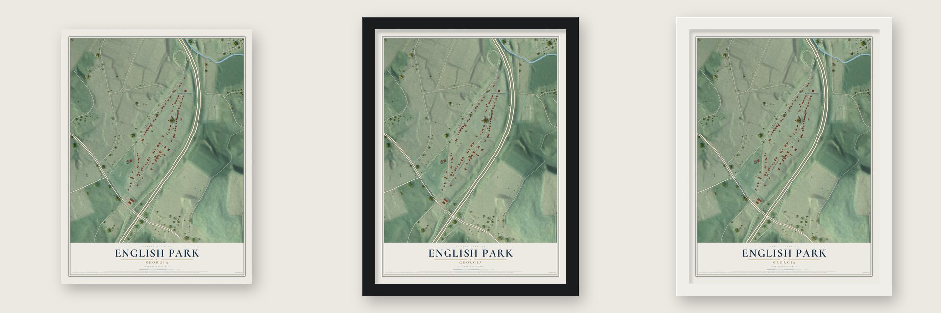 English Park, Georgia map unframed, in a black wood frame and in a white wood frame