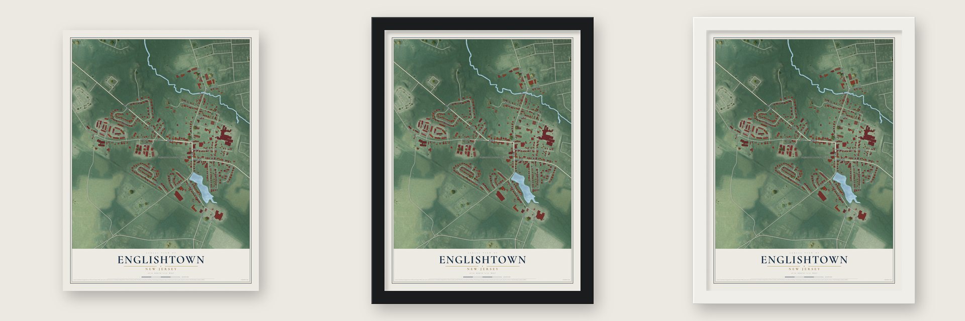 Englishtown, New Jersey map unframed, in a black wood frame and in a white wood frame