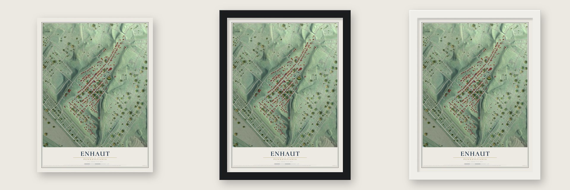 Enhaut, Pennsylvania map unframed, in a black wood frame and in a white wood frame