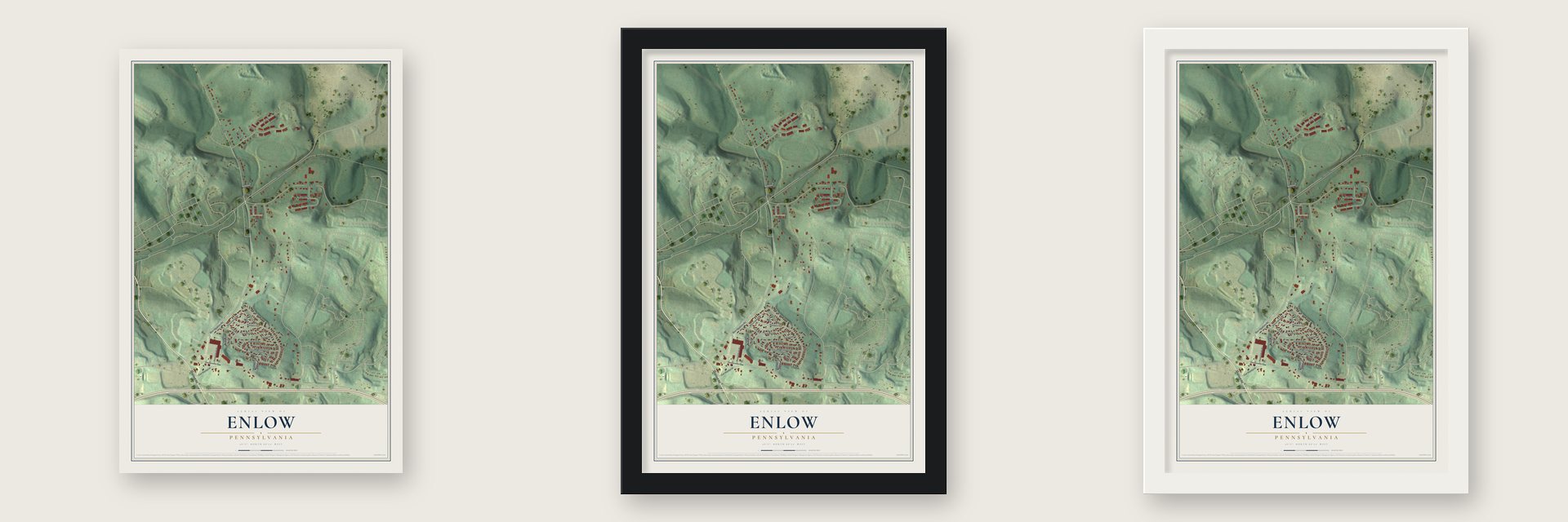 Enlow, Pennsylvania map unframed, in a black wood frame and in a white wood frame