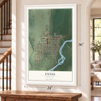 Ennis, Montana map, 24 x 36 inch print in a white frame by a staircase