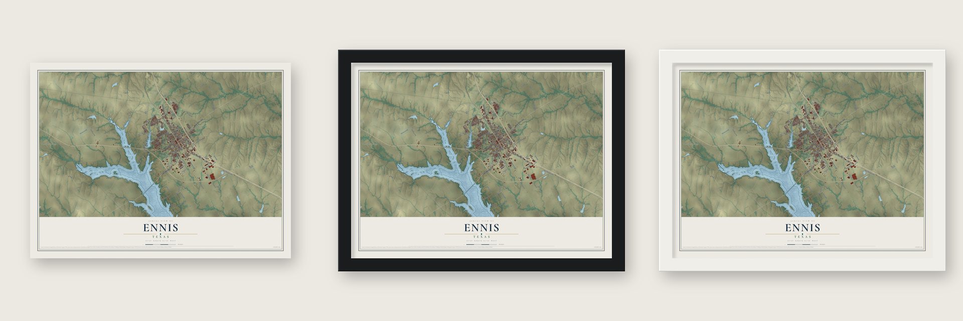 Ennis, Texas map unframed, in a black wood frame and in a white wood frame