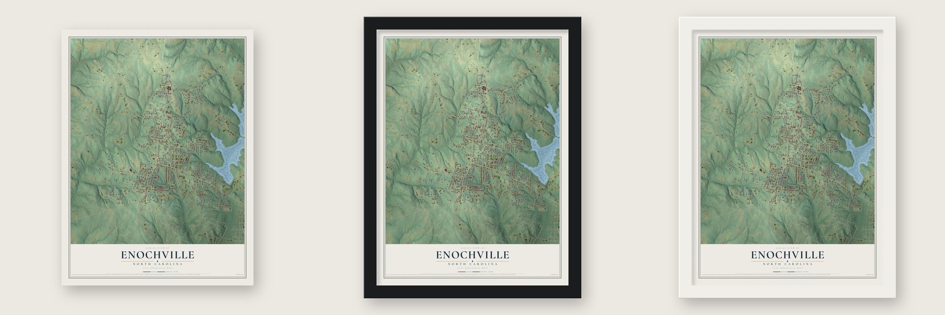 Enochville, North Carolina map unframed, in a black wood frame and in a white wood frame