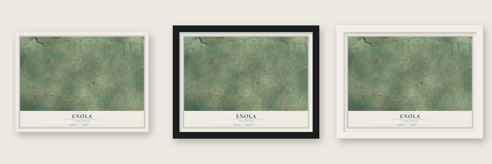 Enola, Arkansas map unframed, in a black wood frame and in a white wood frame