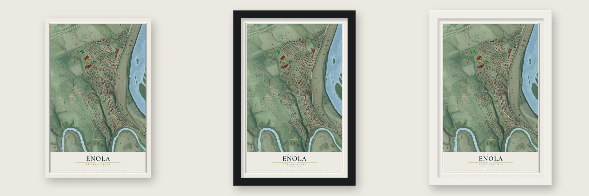 Enola, Pennsylvania map unframed, in a black wood frame and in a white wood frame