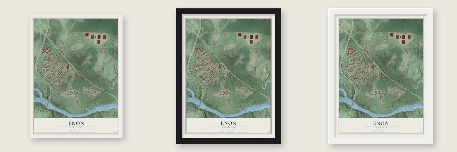 Enon, Virginia map unframed, in a black wood frame and in a white wood frame