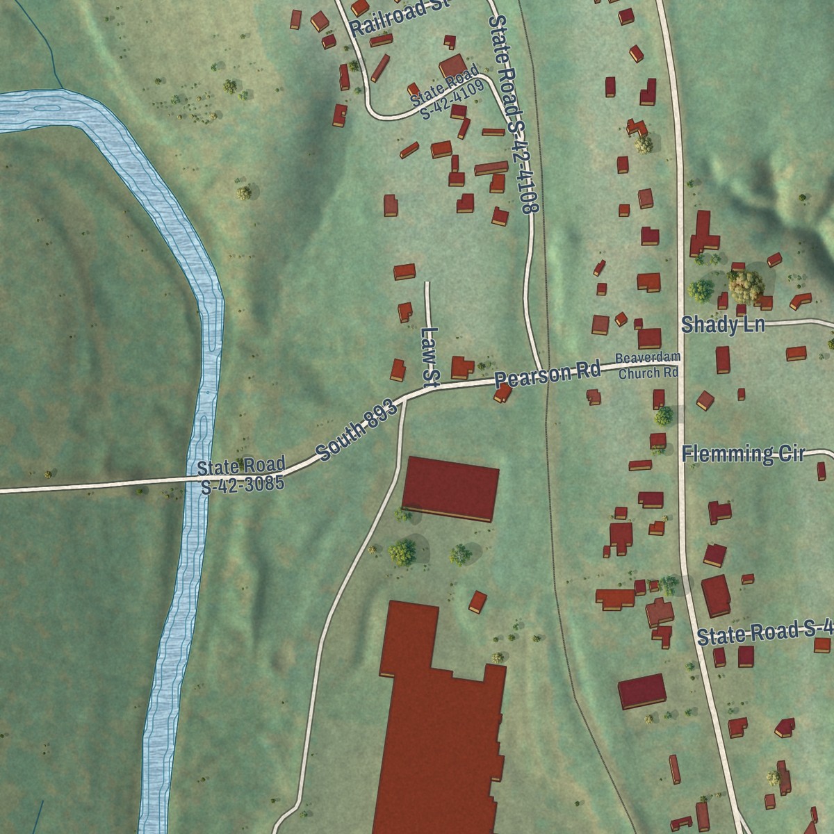 Second close-up of the map of Enoree, South Carolina print showing more streets and buildings