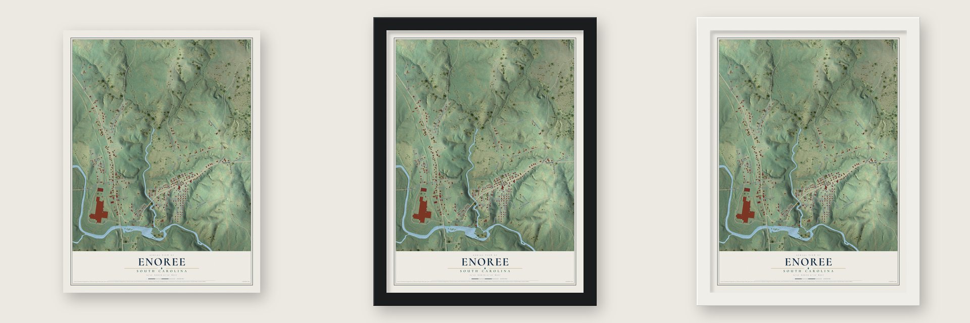 Enoree, South Carolina map unframed, in a black wood frame and in a white wood frame