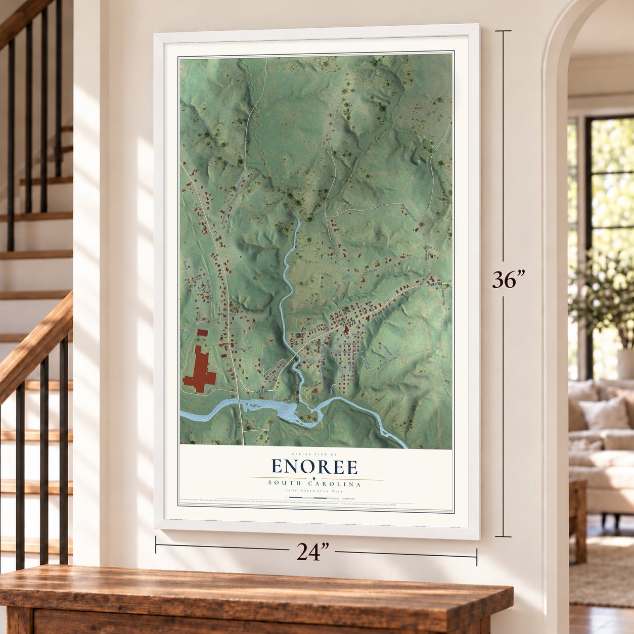 Enoree, South Carolina map, 24 x 36 inch print in a white frame by a staircase