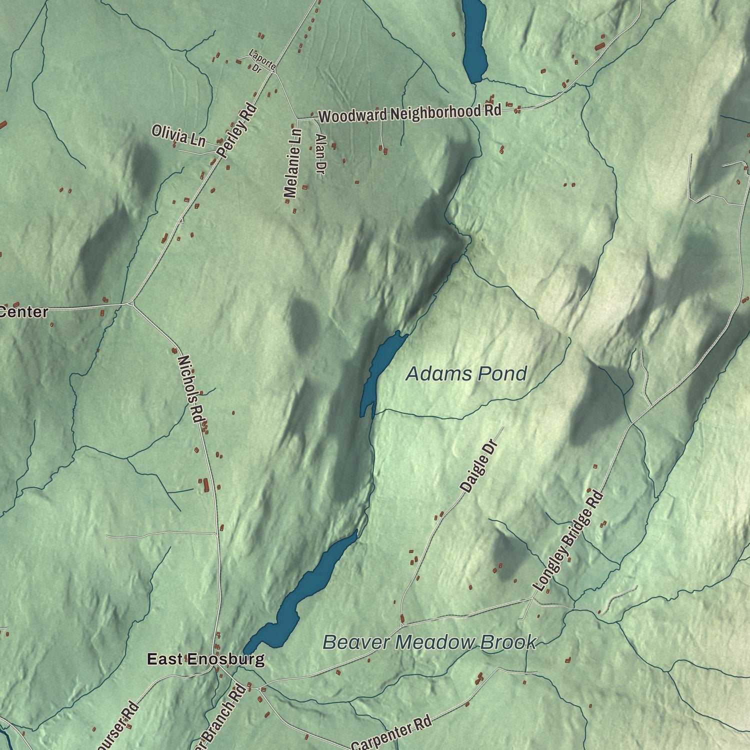 Close-up of the map of Enosburgh, Vermont print showing terrain and local geography