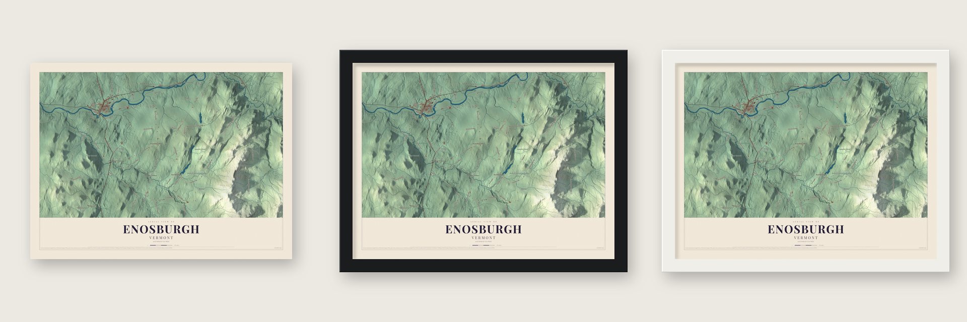 Enosburgh, Vermont map unframed, in a black wood frame and in a white wood frame