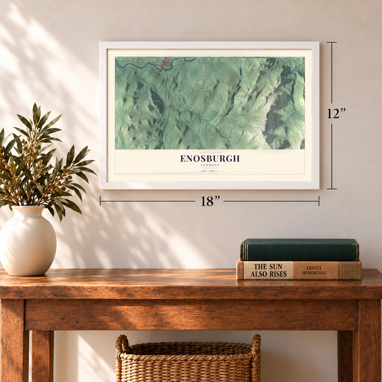 Enosburgh, Vermont map, 12 x 18 inch print in a white frame in an entryway