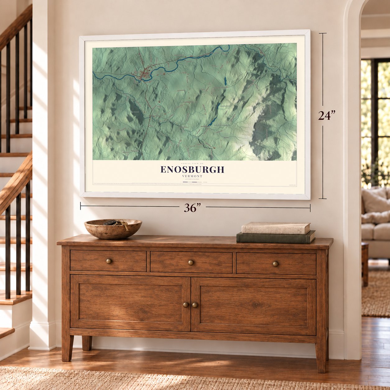 Enosburgh, Vermont map, 24 x 36 inch print in a white frame above a dresser by a staircase