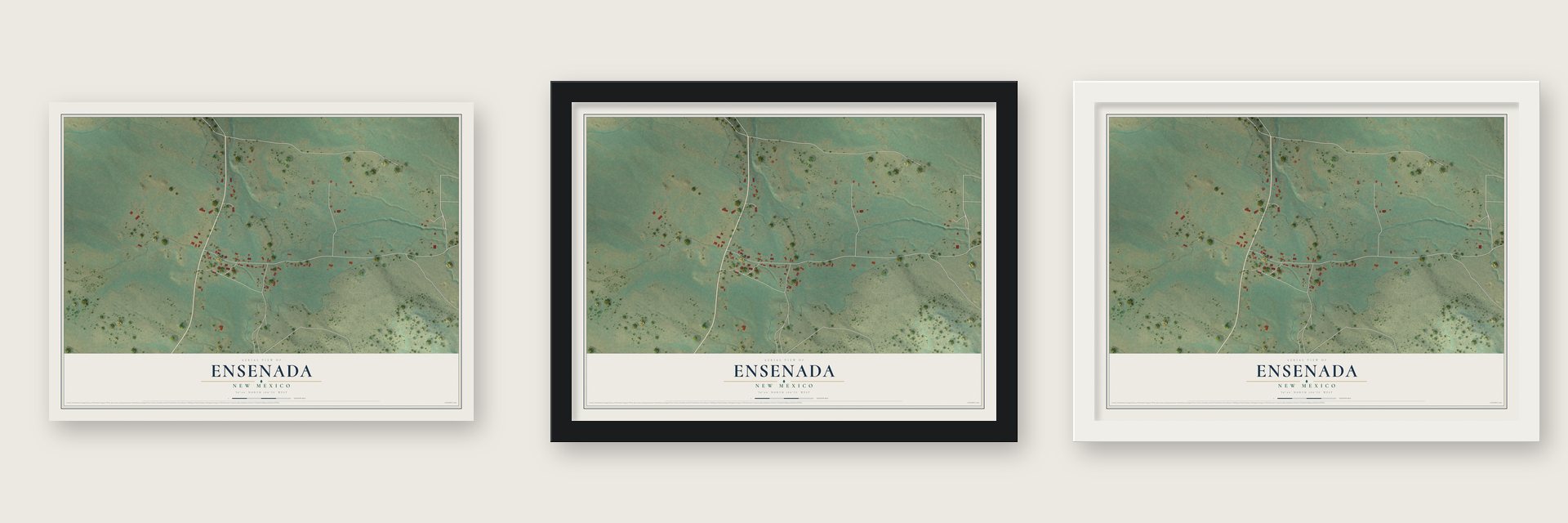 Ensenada, New Mexico map unframed, in a black wood frame and in a white wood frame