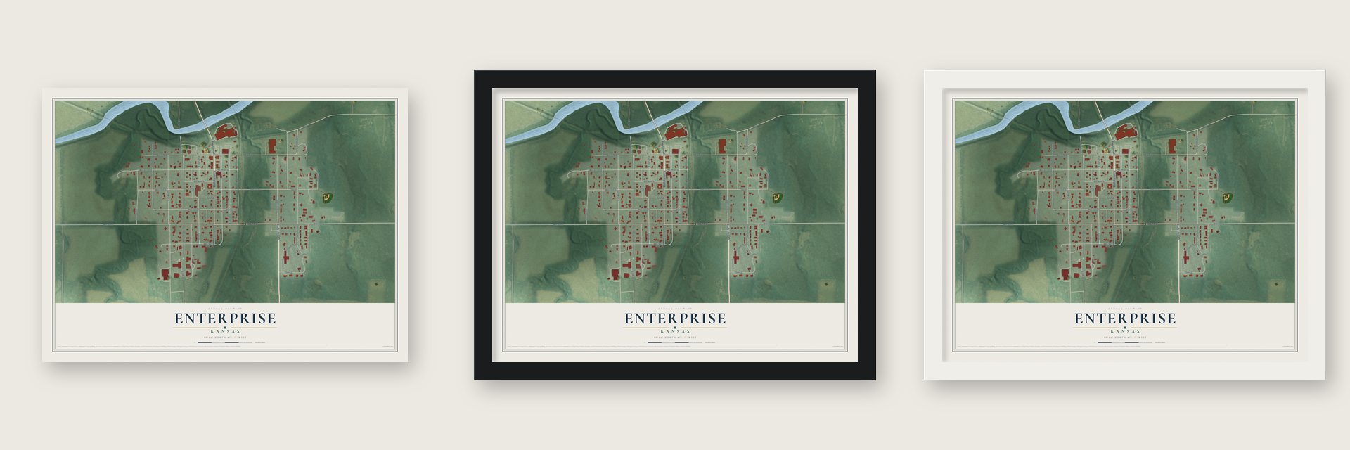 Enterprise, Kansas map unframed, in a black wood frame and in a white wood frame