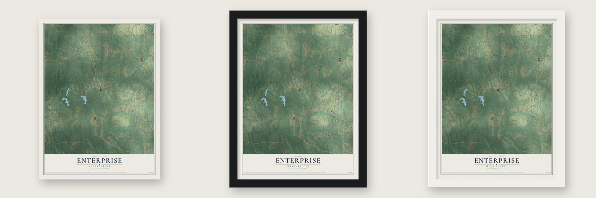 Enterprise, Lincoln County, Mississippi map unframed, in a black wood frame and in a white wood frame