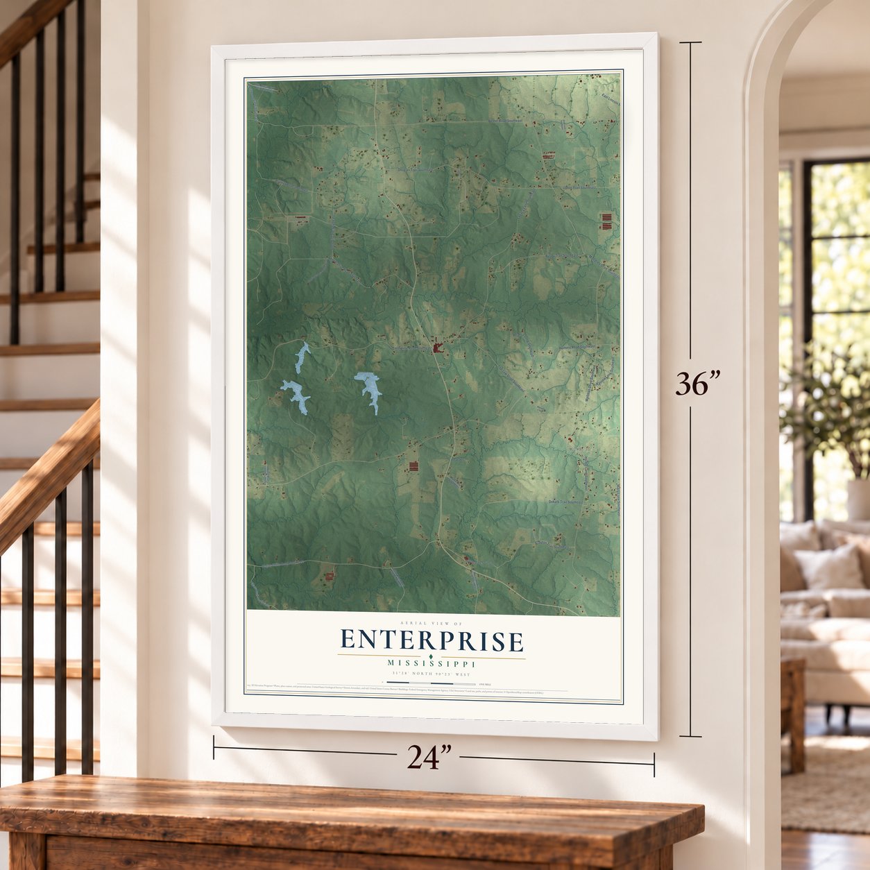 Enterprise, Lincoln County, Mississippi map, 24 x 36 inch print in a white frame by a staircase