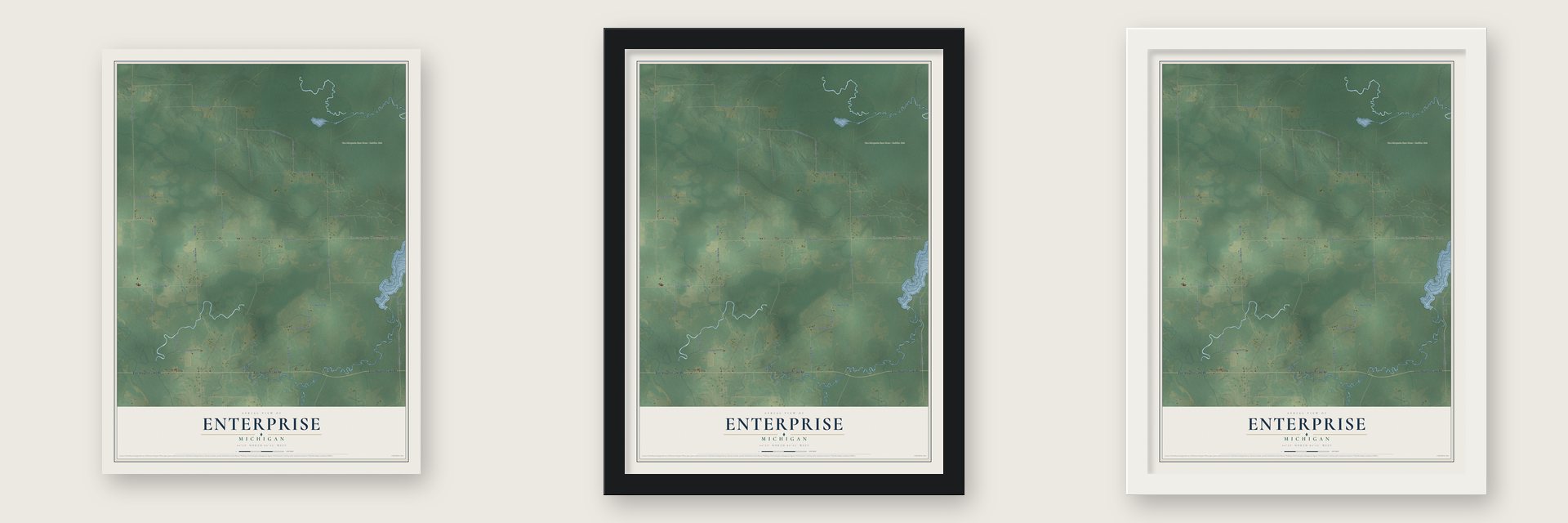 Enterprise, Michigan map unframed, in a black wood frame and in a white wood frame