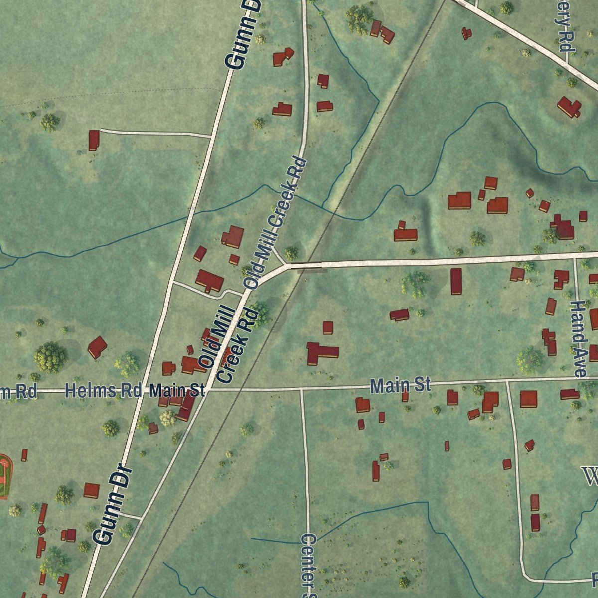 Second close-up of the map of Enterprise, Mississippi print showing more streets and buildings