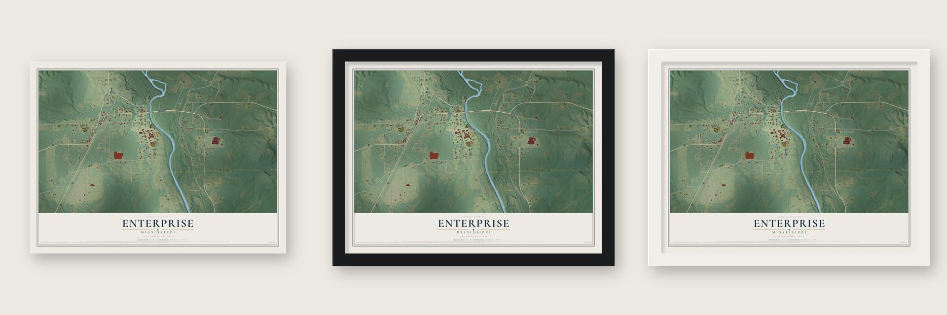 Enterprise, Mississippi map unframed, in a black wood frame and in a white wood frame