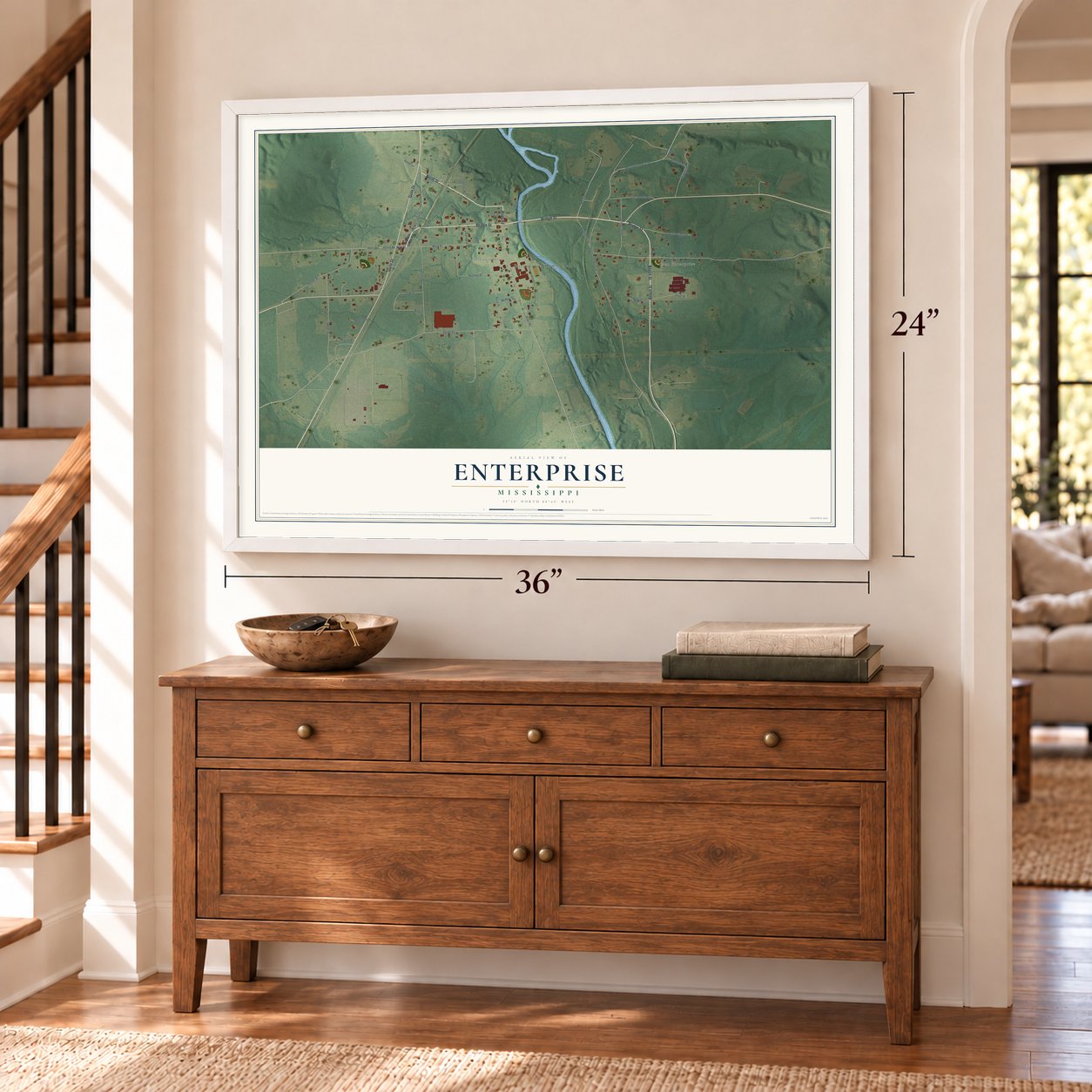 Enterprise, Mississippi map, 24 x 36 inch print in a white frame above a dresser by a staircase