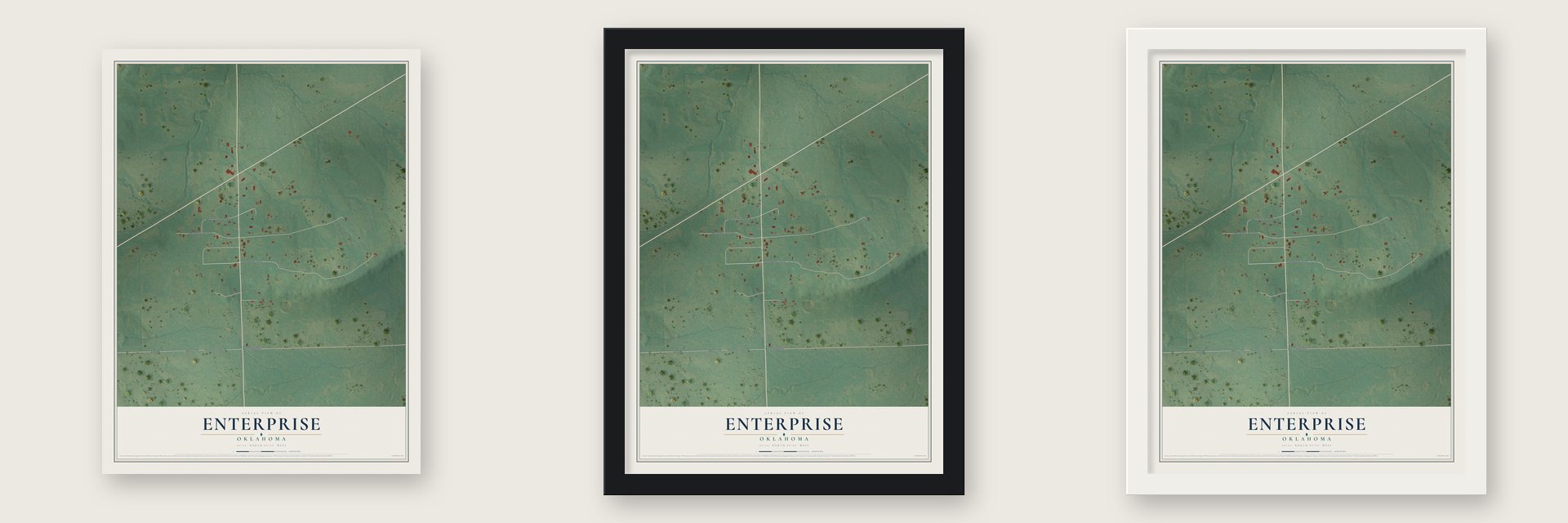 Enterprise, Oklahoma map unframed, in a black wood frame and in a white wood frame