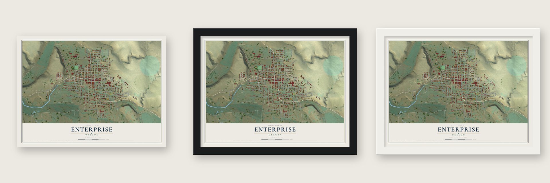 Enterprise, Oregon map unframed, in a black wood frame and in a white wood frame
