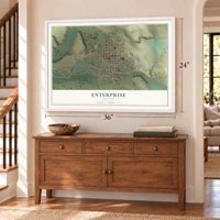 Enterprise, Oregon map, 24 x 36 inch print in a white frame above a dresser by a staircase